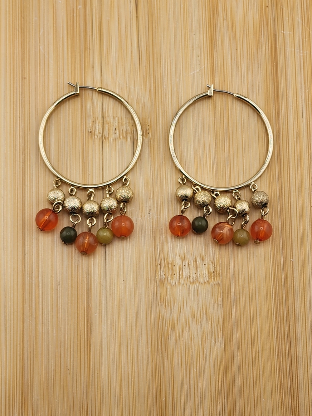 Gold Tone Hoop Earrings with Orange and Olive Beads - Women Jewelry 0623